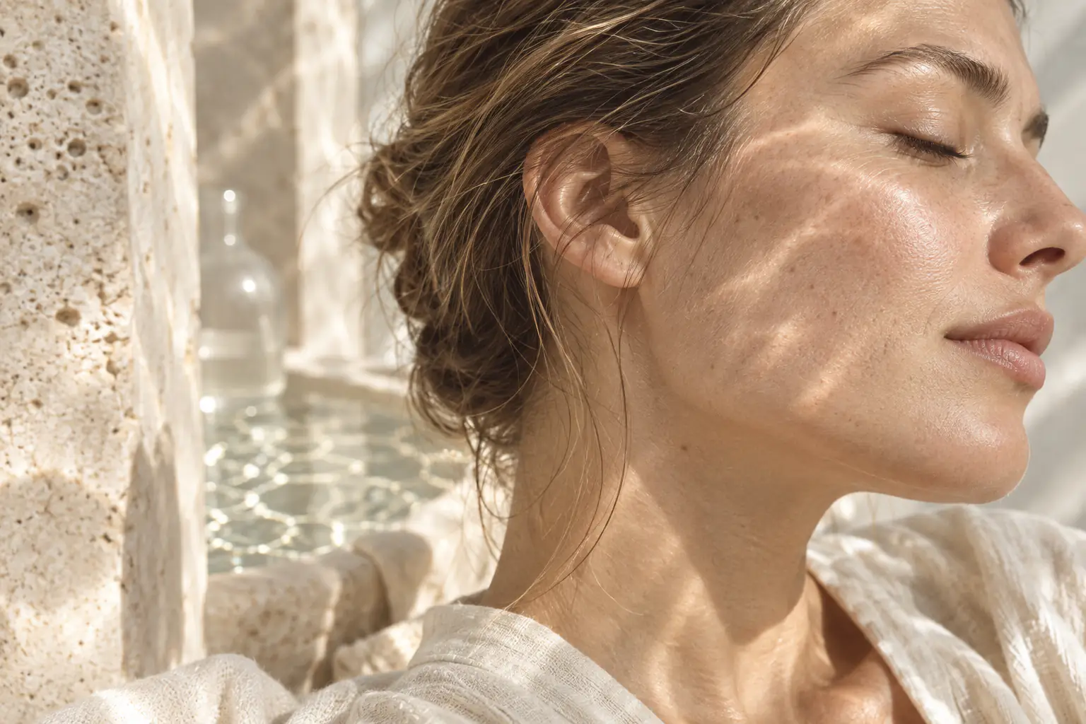 A woman in her thirties with her eyes closed and hair pinned up, water light rippling across her cheek, a stone spa pool behind her.