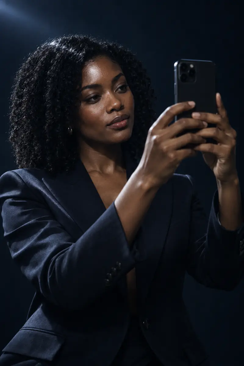 A Black woman in her mid twenties with natural shoulder length coils and navy tailoring holds her iPhone up for a guided photo.