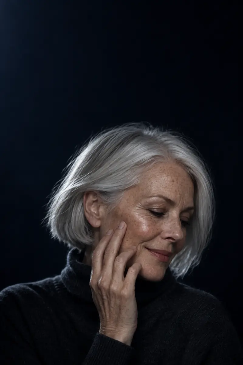 A woman in her early sixties with a cropped silver bob and a charcoal turtleneck, fingertips on her cheekbone, smiling to herself.