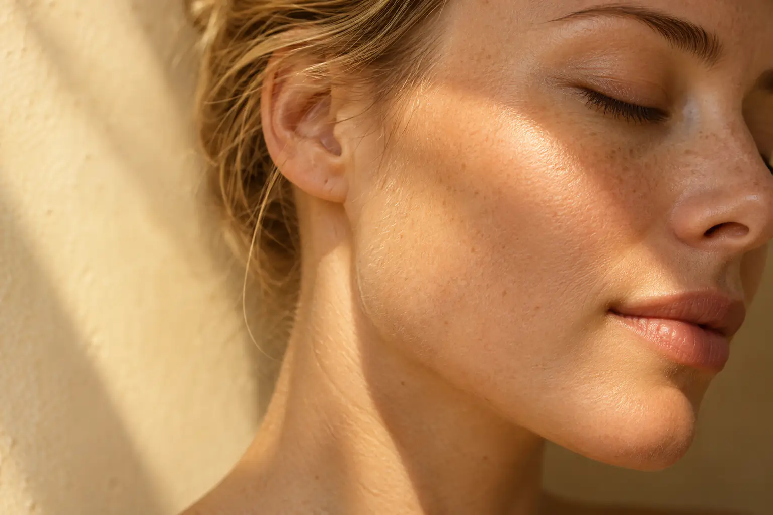 Close up of a woman’s cheek, ear and jaw in a beam of golden sun, freckles and pores sharp, eyes closed.