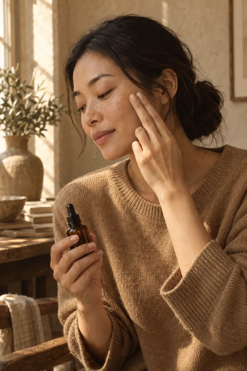 An East Asian woman in her twenties in a camel knit holds an unlabelled dropper bottle and touches her cheek in a warm room.
