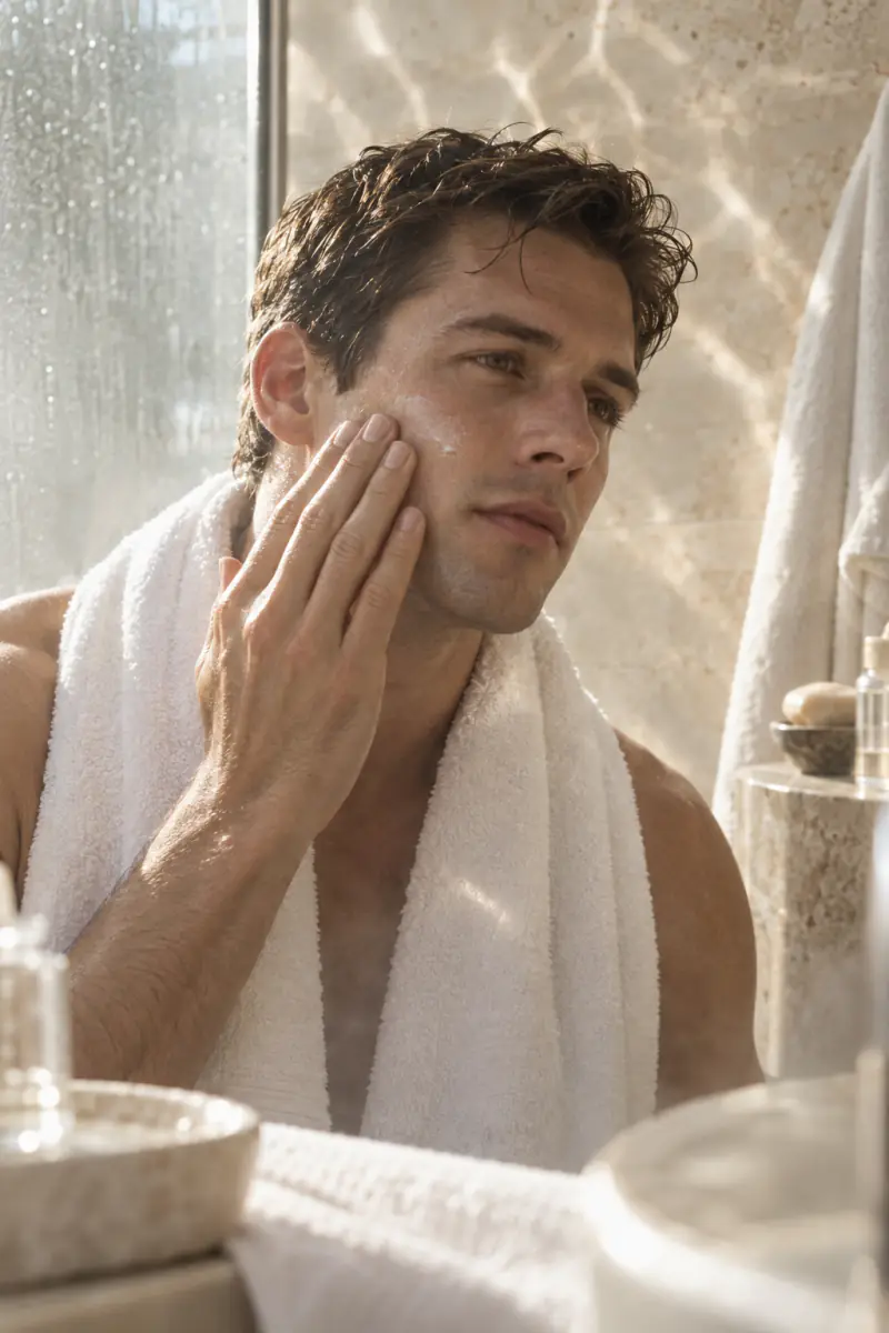 A man in his late twenties with a towel around his neck rests a hand on his cheek after shaving, in pale water light.
