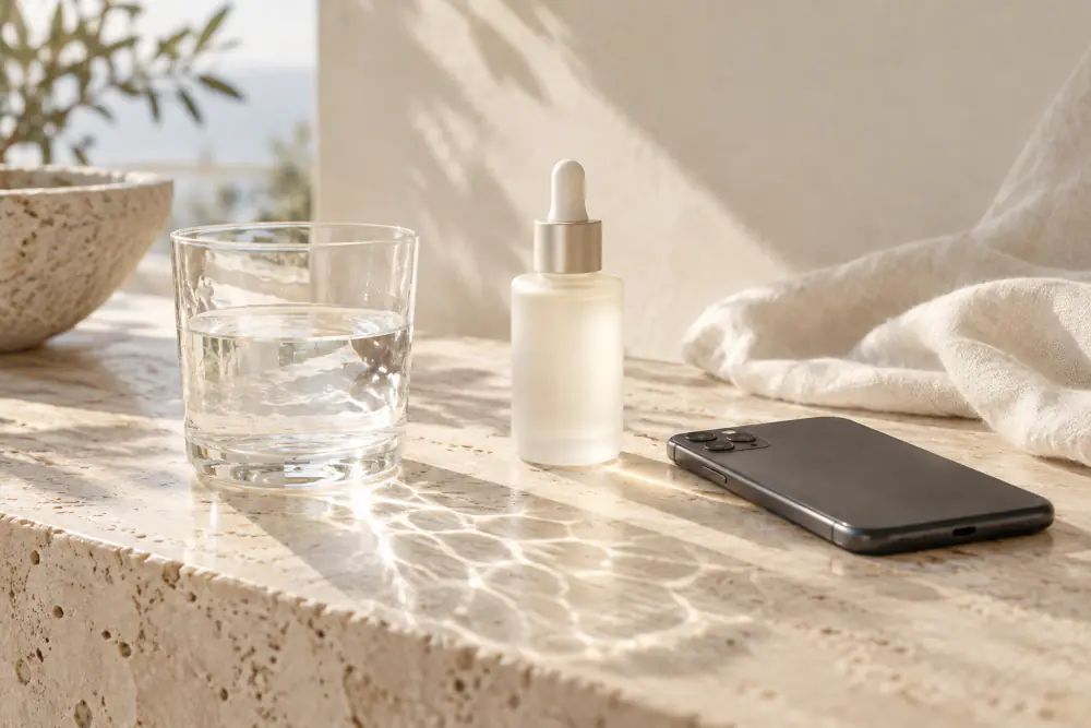 A serum bottle, a glass of water and a phone lying face down on sunlit travertine.